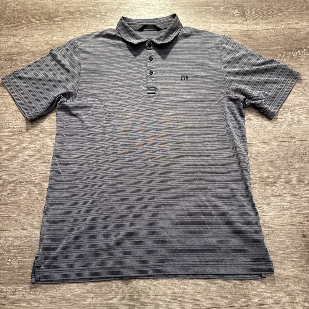 Travis Mathew Polo Shirt Mens Medium Gray Stripe Golf Performance Outdoor Golfer